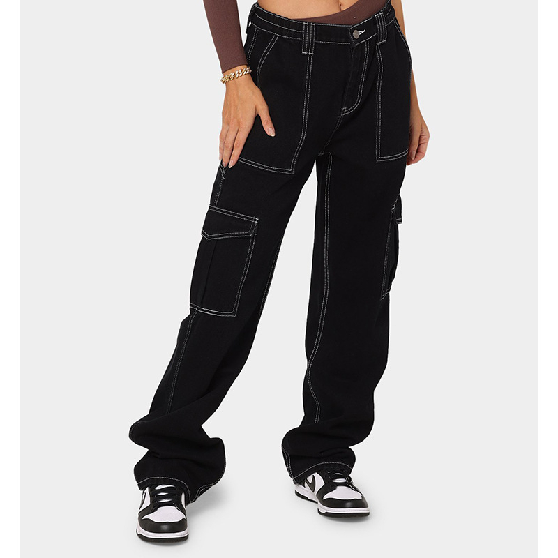 OEM ODM New Multi-Pocket Denim Cargo Pants Ladies Jean Pants Baggy Wide Leg Jeans Woman Cargo Trousers Jeans Factory