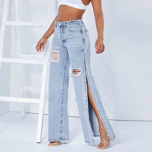 OEM ODM Hot Sale Fashion Ladies Wide Leg Denim Pants Jeans Side Slit Jeans Factory