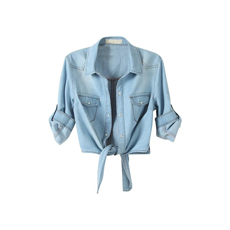 OEM ODM Custom New Trendy Contrast Color Cowboy Long Sleeve Women Denim Shirt Jean Factory