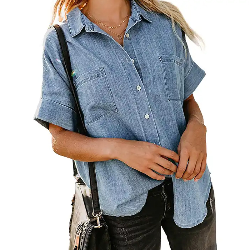 OEM ODM Factory Customized Blue Women Button Down Denim Shirt Collared Casual Long Sleeve Pocket Ladies Blouses