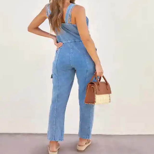 OEM ODM Female Blue Jean Jumpsuits With Pockets Women Denim Elastic Waist Sleeveless Washed Jean Casual Clothing For Women 