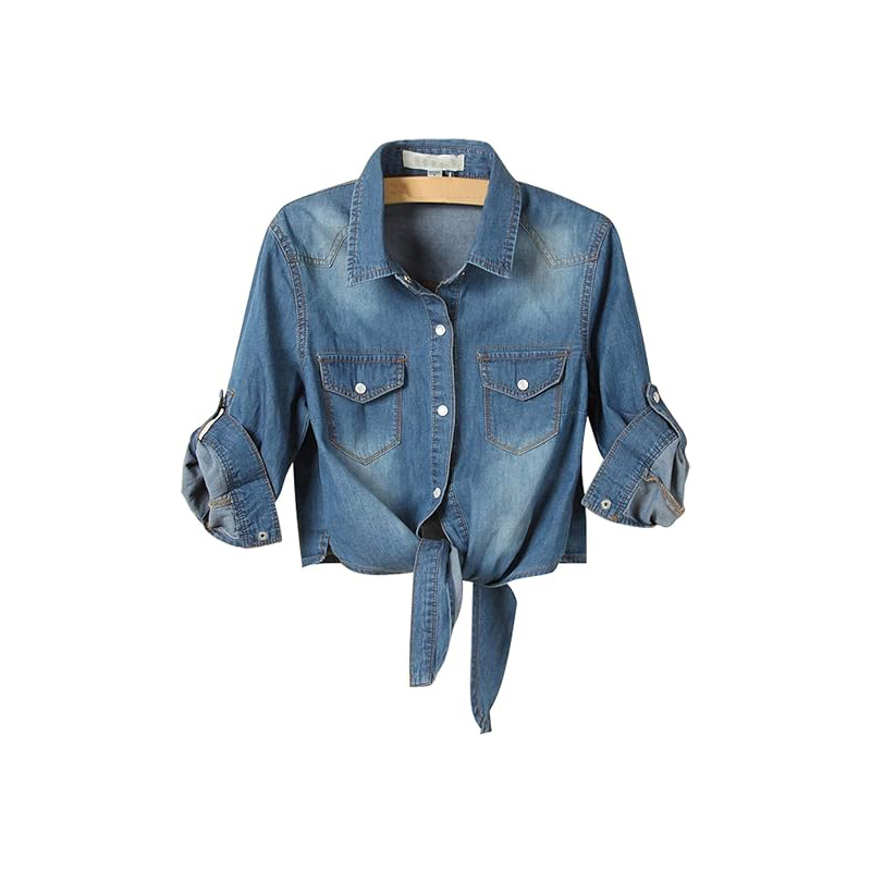 OEM ODM Custom New Trendy Contrast Color Cowboy Long Sleeve Women Denim Shirt Jean Factory