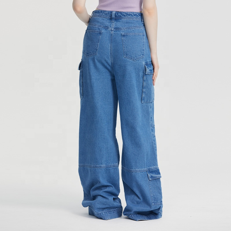 OEM ODM Denim Ladies Street Wear Cargo Pocket Jeans Pants Mid Rise Boyfriend Straight Leg Cargo Jean Trousers