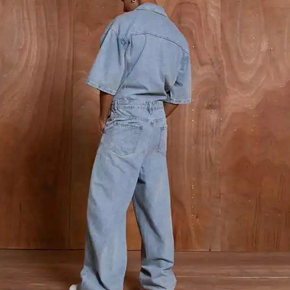 OEM Custom 100% Cotton Mens Jeans Overalls Fashion Utility Denim Short Sleeve Blue Jumpsuit Jeans Factory