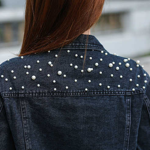 OEM ODM Pearl Beaded Ladies Denim Jeans Jackets Coat Casual Bomber Jean Jacket For Women Jeans Manufacture