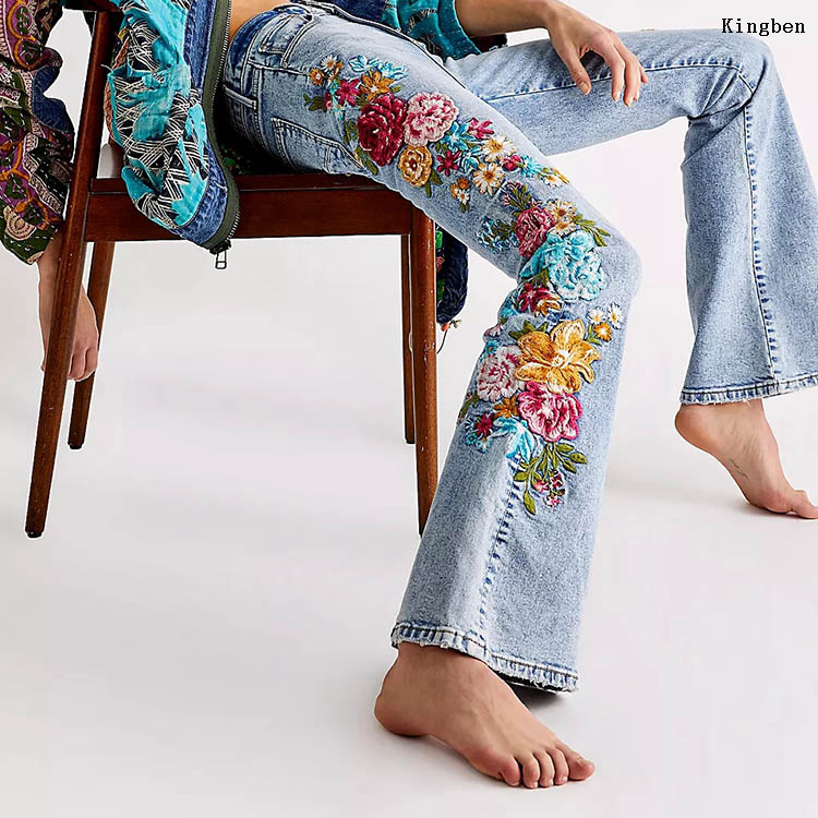 OEM ODM Wholesale Women’s Low Waist Denim Jeans Inwrought Fashionable Flared Jeans For Women Denim Manufacturer 