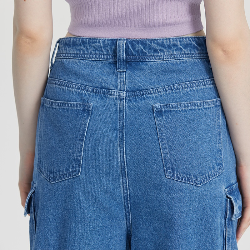 OEM ODM Denim Ladies Street Wear Cargo Pocket Jeans Pants Mid Rise Boyfriend Straight Leg Cargo Jean Trousers