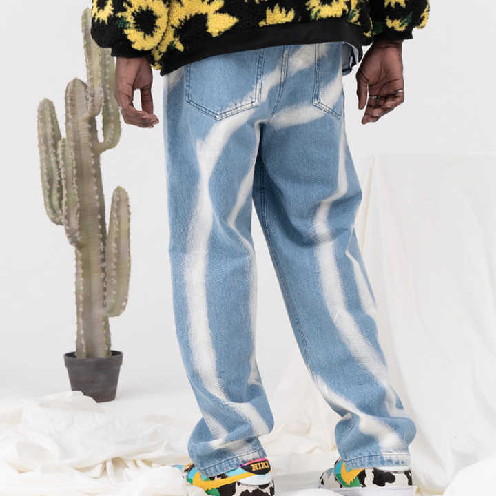 OEM ODM Custom New Straight Wash Jeans Blue Men's Loose Wide Leg Jeans High Street Distressed Denim Pants
