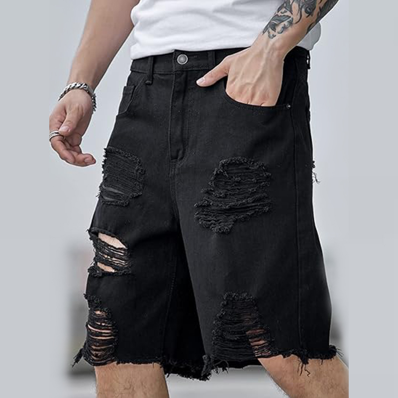 Factory OEM ODM Wholesale Ripped Destroyed Denim Shorts Men Hole Jean Shorts Black Male Men Fashion Casual Jeans Short
