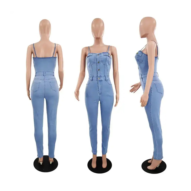 Welcome OEM ODM New Design Women Sleeveless Jumpsuits Ladies Blue Denim Jeans Jumpsuit Factory