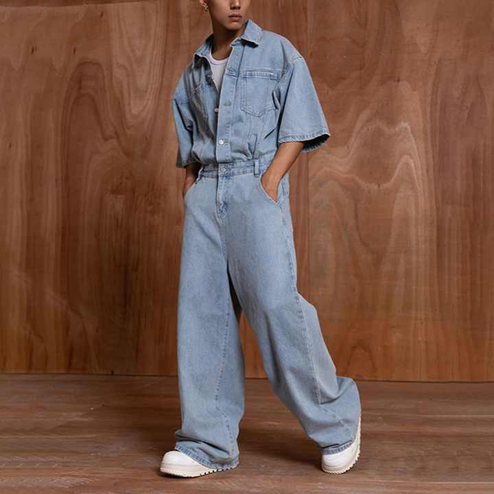 OEM Custom 100% Cotton Mens Jeans Overalls Fashion Utility Denim Short Sleeve Blue Jumpsuit Jeans Factory