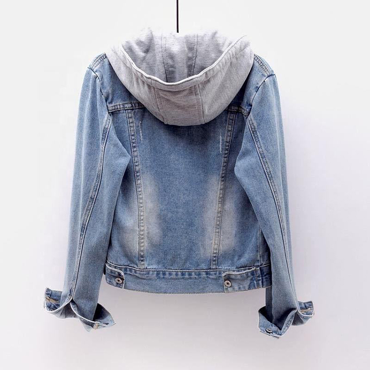 OEM ODM Hot Sale Plus Size Women's Denim Jean Jacket Turn Down Collar Pocket Hooded up Loose Jacket Manufactures