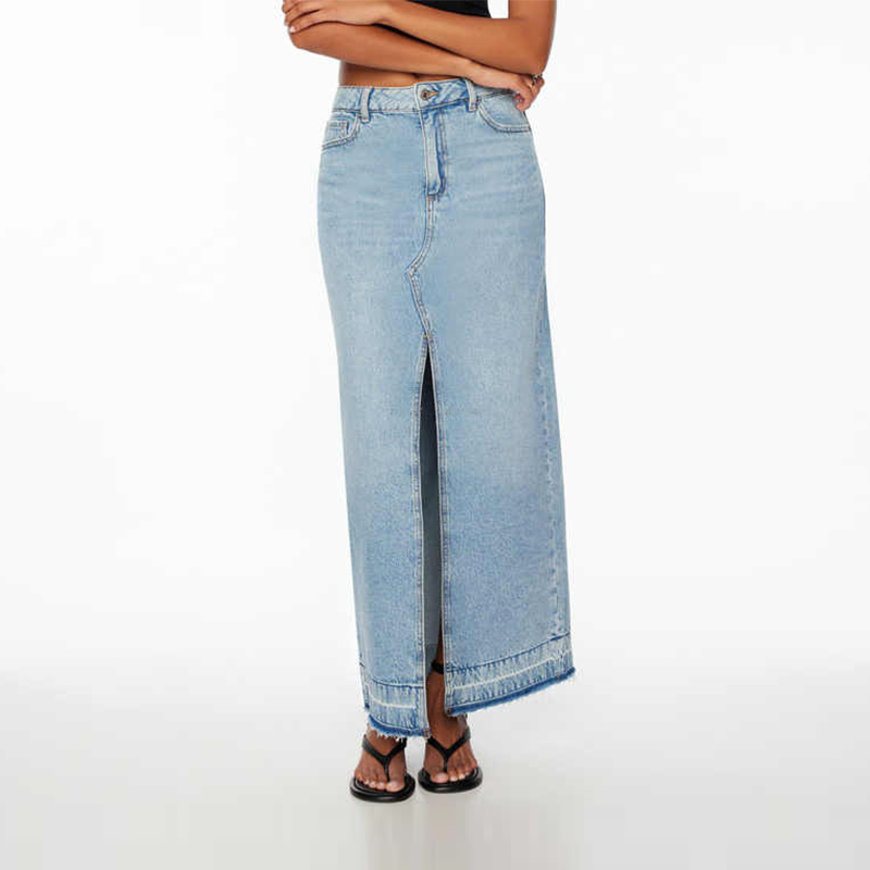 OEM ODM Women Denim Split Pencil Skirts Women Long Summer Stone Washed Jeans Raw Hem Denim Maxi Skirt Factory