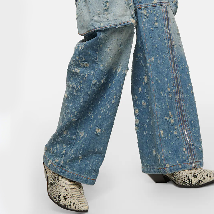 OEM ODM Street Wear Pockets Blue Color Women Fashion Ladies Low Waist Denim Jeans Wide Leg Casual Denim Cargo Pants