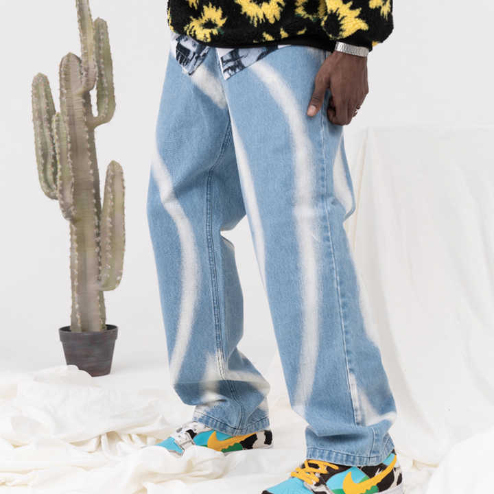 OEM ODM Custom New Straight Wash Jeans Blue Men's Loose Wide Leg Jeans High Street Distressed Denim Pants