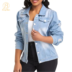OEM ODM Wholesale Long Sleeve Jeans Top Shirt Ladies Hole Ripped Denim Jacket Coat Women's Blouses Overcoat For Women Factory