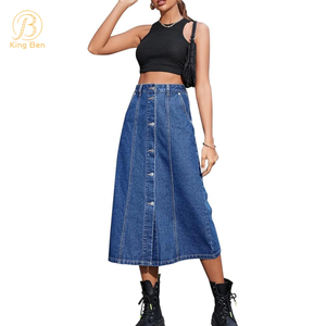 OEM ODM Mid Waist Women Custom Casual High Waist Button Stylish Long Midi Denim Jeans Skirt For Women Jeans Factory