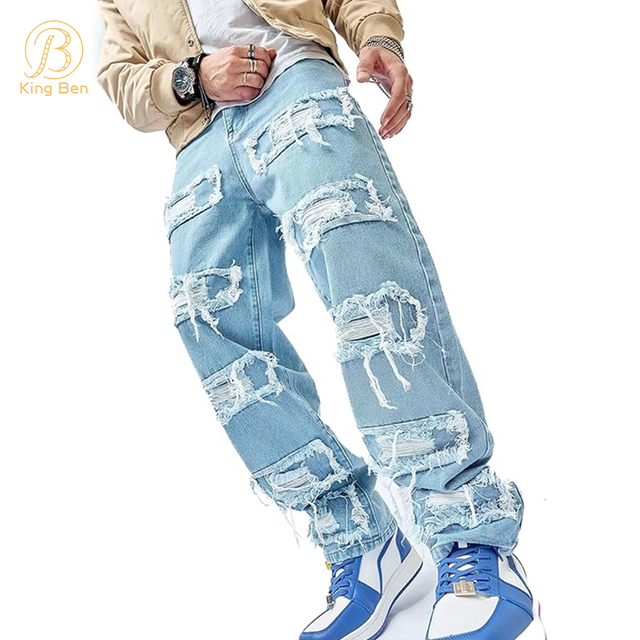 Welcome OEM ODM Hole Ripped Distressed Jeans for Men Straight Washed Hip Hop Loose Denim Trousers Casual Male Stacked Jean Pants Men
