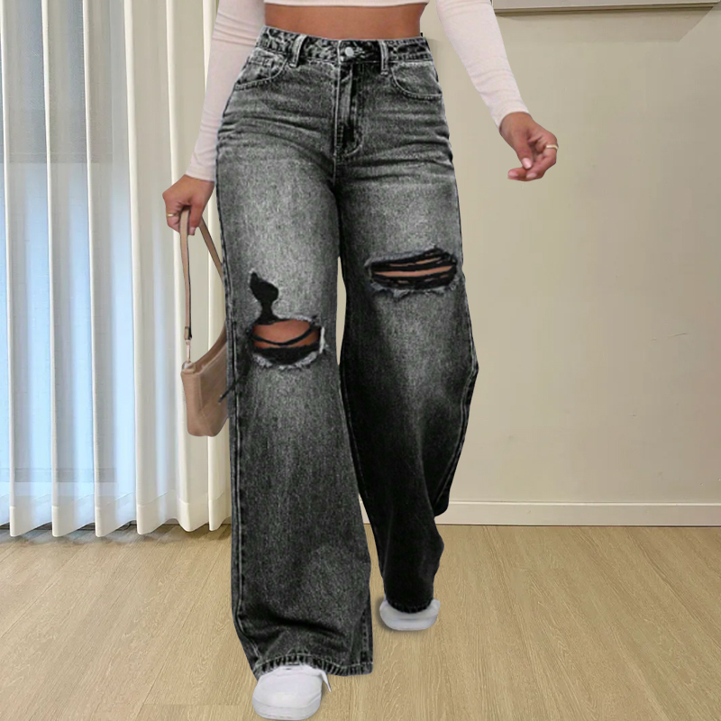 OEM ODM Hot Sale Custom Gry Ripped Jeans Women High Quality Loose Jean High Waisted Jeans Pants For Women