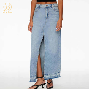 OEM ODM Women Denim Split Pencil Skirts Women Long Summer Stone Washed Jeans Raw Hem Denim Maxi Skirt Factory