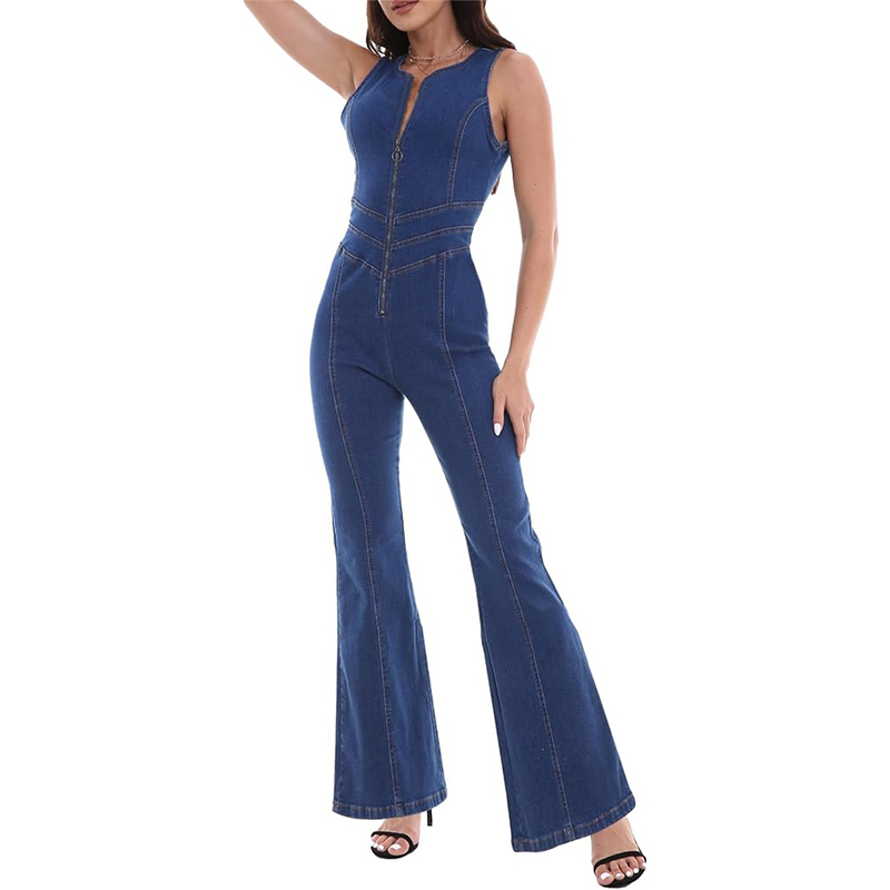 OEM ODM New Design Women Sleeveless Jumpsuits Ladies Dark Blue Denim Jeans Jumpsuit