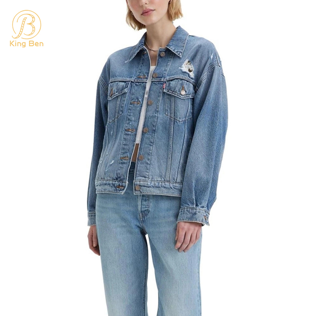 OEM ODM Hot Sale Autumn And Spring Plus Size Women's Denim Jean Jacket Turn Down Collar Pocket Loose Jacket