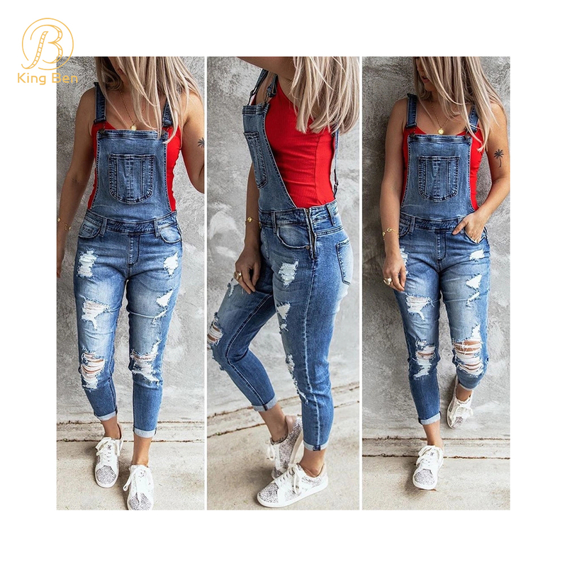 OEM ODM Women Denim Overalls Dungarees Strappy Romper Jumpsuit Cool Style Ripped Jeans
