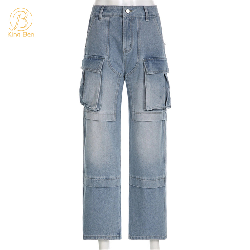 Custom Logo OEM ODM Manufacturer Pocket Mid Waist Streetwear Baggy Denim Ladies Long Cargo Pant For Women Jeans Trousers
