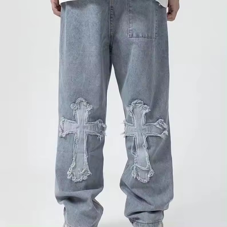 Welcome OEM ODM Hot Sale Custom Jeans Fashion Streetwear Hip Hop Low Rise Baggy Jeans Trousers Cross Mens Denim Pants