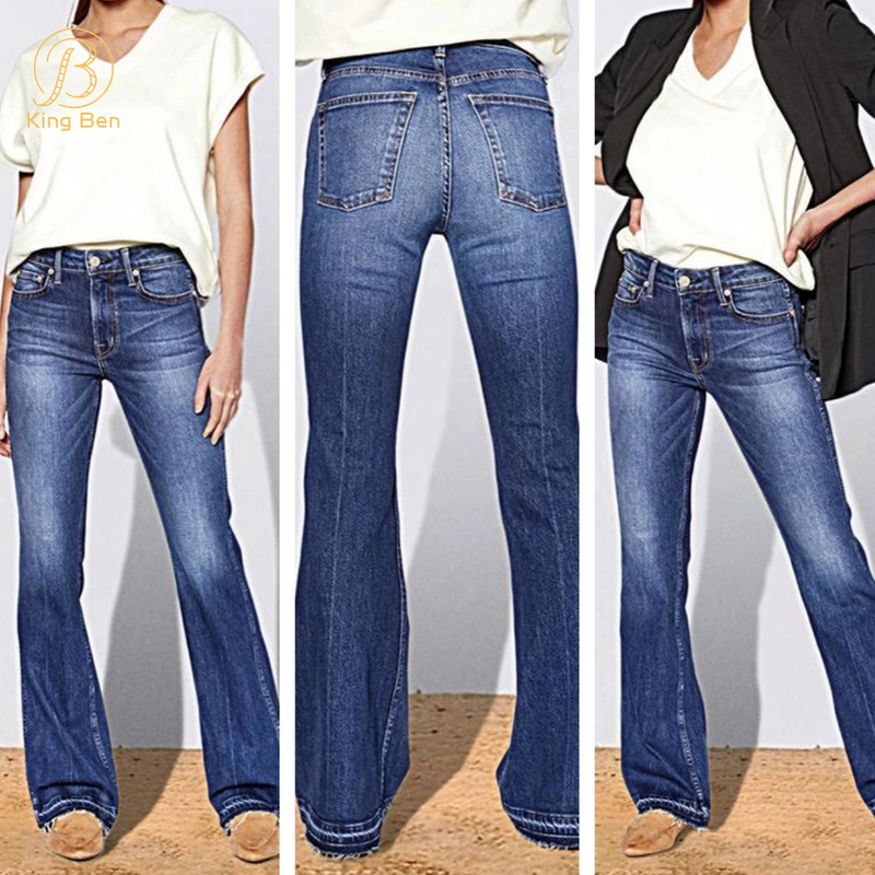 Welcome OEM ODM Vintage washed blue denim jeans flare jeans for women