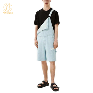 OEM ODM New Arrival Fashion Custom Solid Color Destroyed Loose Denim Short Jumpsuit Male Ripped Short Jean Overalls Men's Summer Clothes