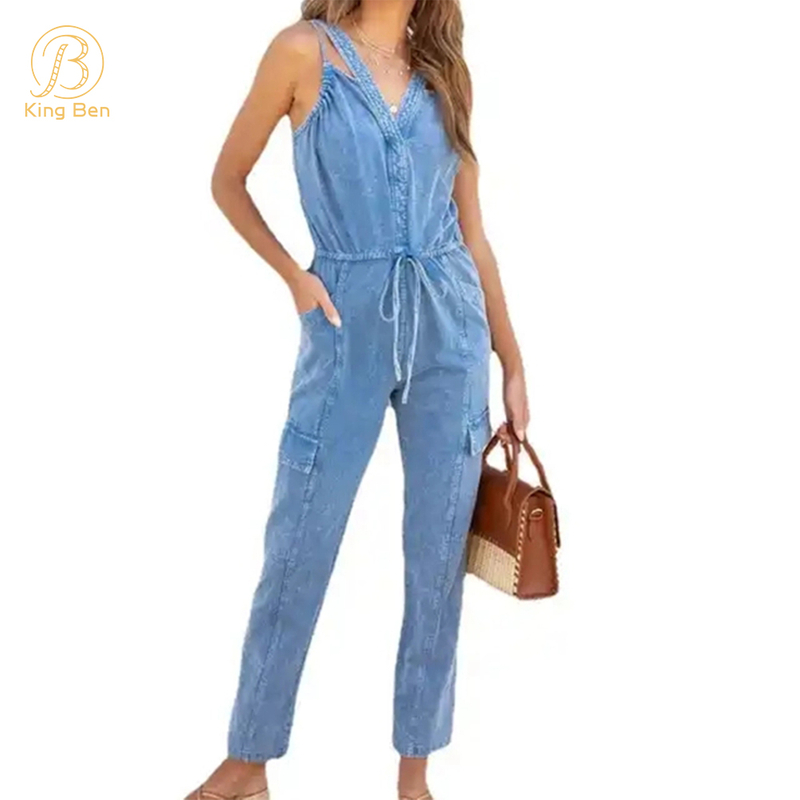 OEM ODM Female Blue Jean Jumpsuits With Pockets Women Denim Elastic Waist Sleeveless Washed Jean Casual Clothing For Women 