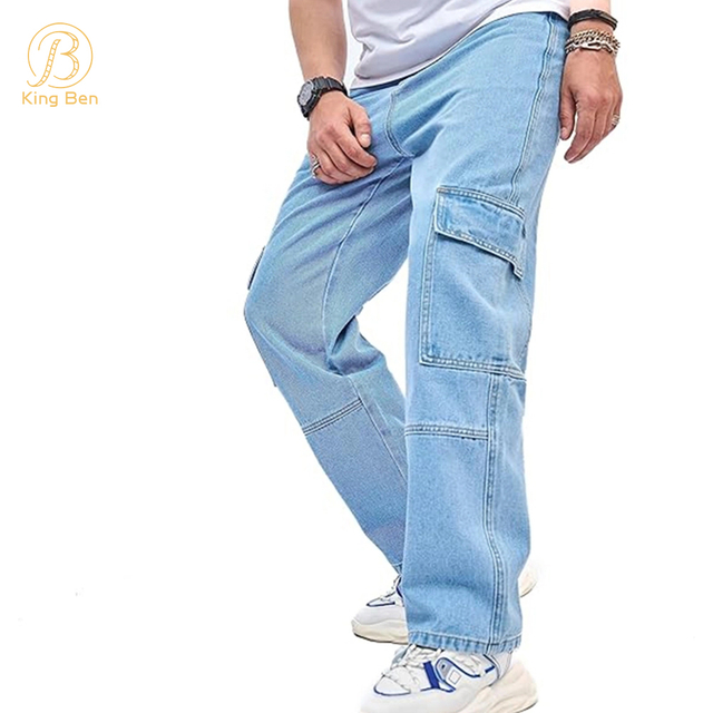 Welcome OEM ODM New Style Mens Straight Denim Cargo Pants Men Baggy Loose Blue Jeans With Side Pockets Jeans men