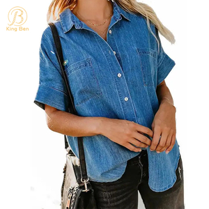 OEM ODM Factory Customized Blue Women Button Down Denim Shirt Collared Casual Long Sleeve Pocket Ladies Blouses