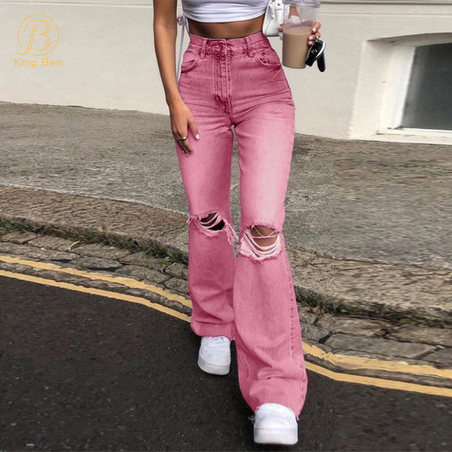 OEM ODM Women Denim Pants Custom Logo High Quality 100% Cotton Washed Loose Ripped Fitting Wide Leg High Waist Plus Women's Flared Jeans Manufacturer