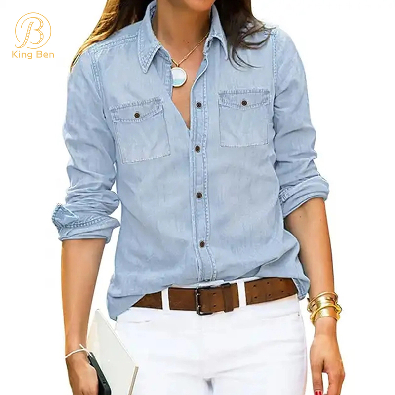 OEM ODM Hotsale Pure Cotton Denim Shirt 2023 New Commuter Loose Slimming Casual Fashion Long-sleeved Shirt For Women