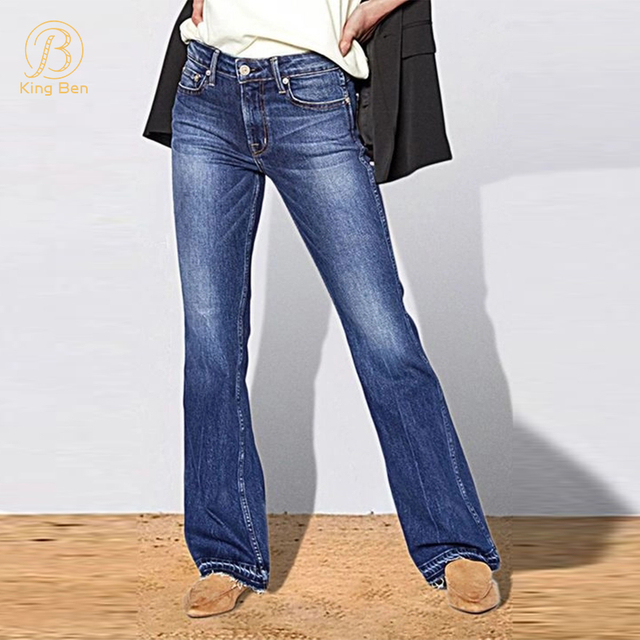 Welcome OEM ODM Vintage washed blue denim jeans flare jeans for women