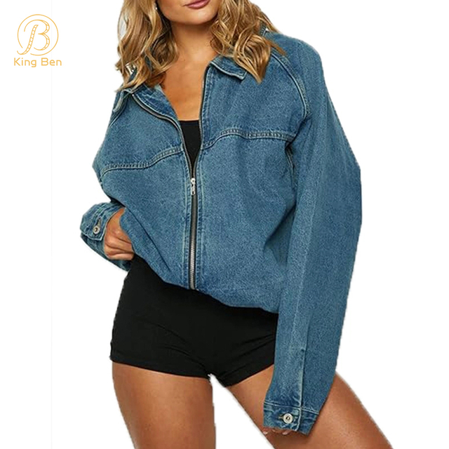 Custom OEM ODM Women's Denim Jackets Oversize Long Sleeve Zipper Fly Jean Jacket Plus Size Factory