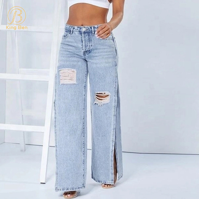 OEM ODM Hot Sale Fashion Ladies Wide Leg Denim Pants Jeans Side Slit Jeans Factory