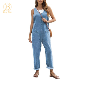 OEM ODM High Quality Denim Jumpsuits for Women Casual Sleeveless Loose Baggy Overalls Jeans Pants Jumpers with Pockets