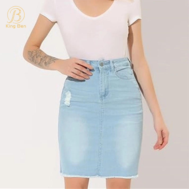 OEM ODM Mid Waist Ripped Denim Jeans Skirts Summer Skirts Women Stretch tight Mini Short Skirts Factory