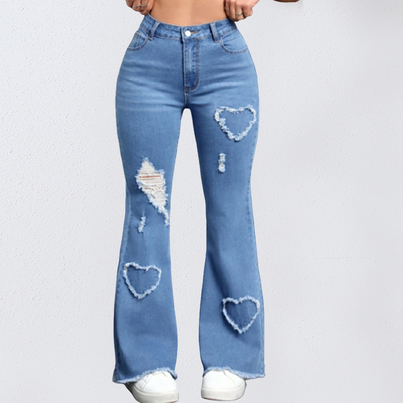 Latest Love Pattern Design Custom Logo OEM ODM Service Flared Jeans Women Pants Slim Fit Jeans